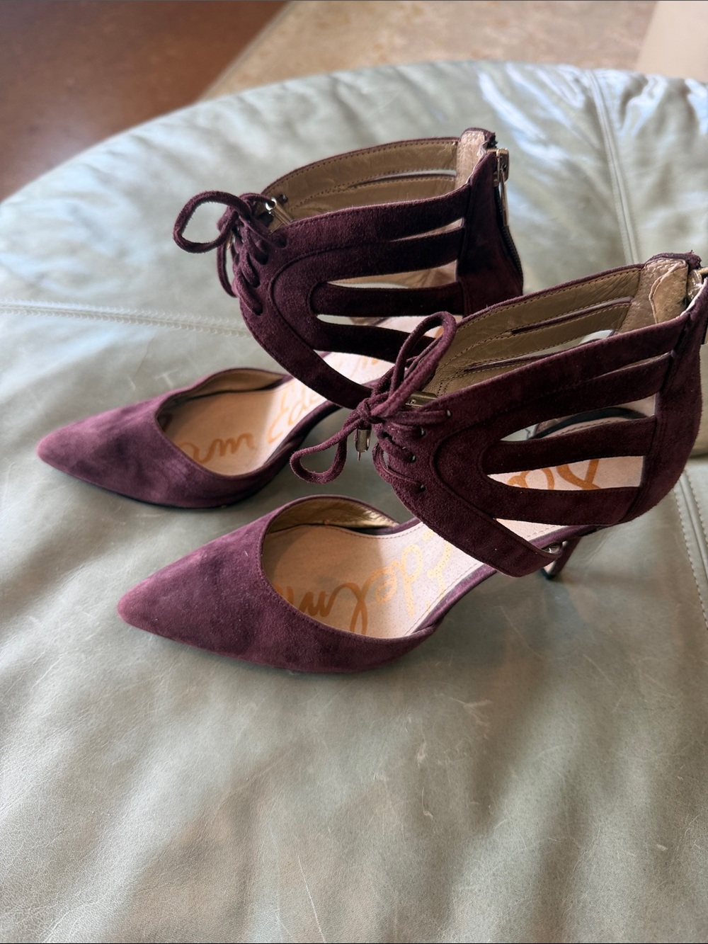 Sam Edelman Plum Suede Pointed-Toe Lace-Up Heels